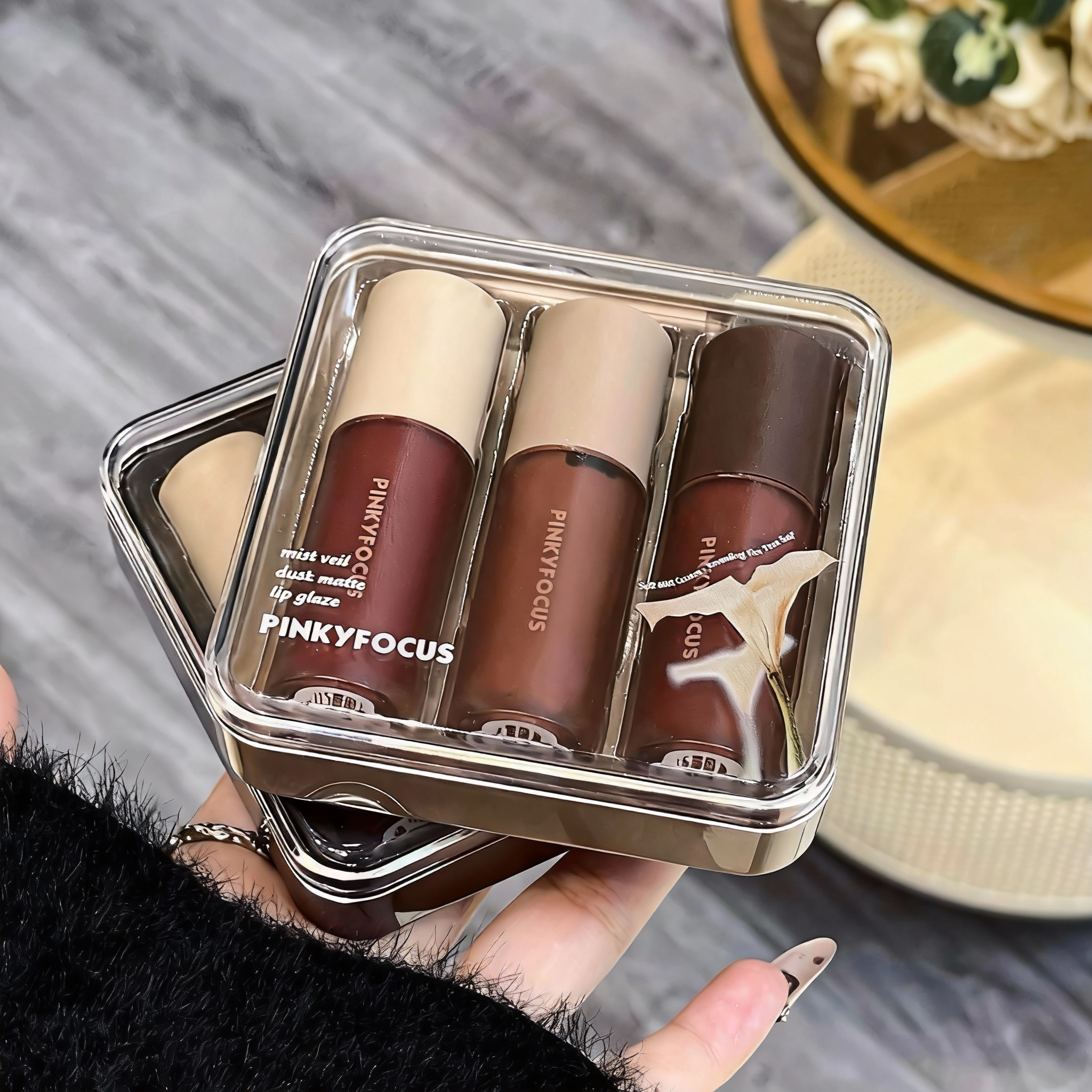 Three-piece brown velvet matte lip gloss set