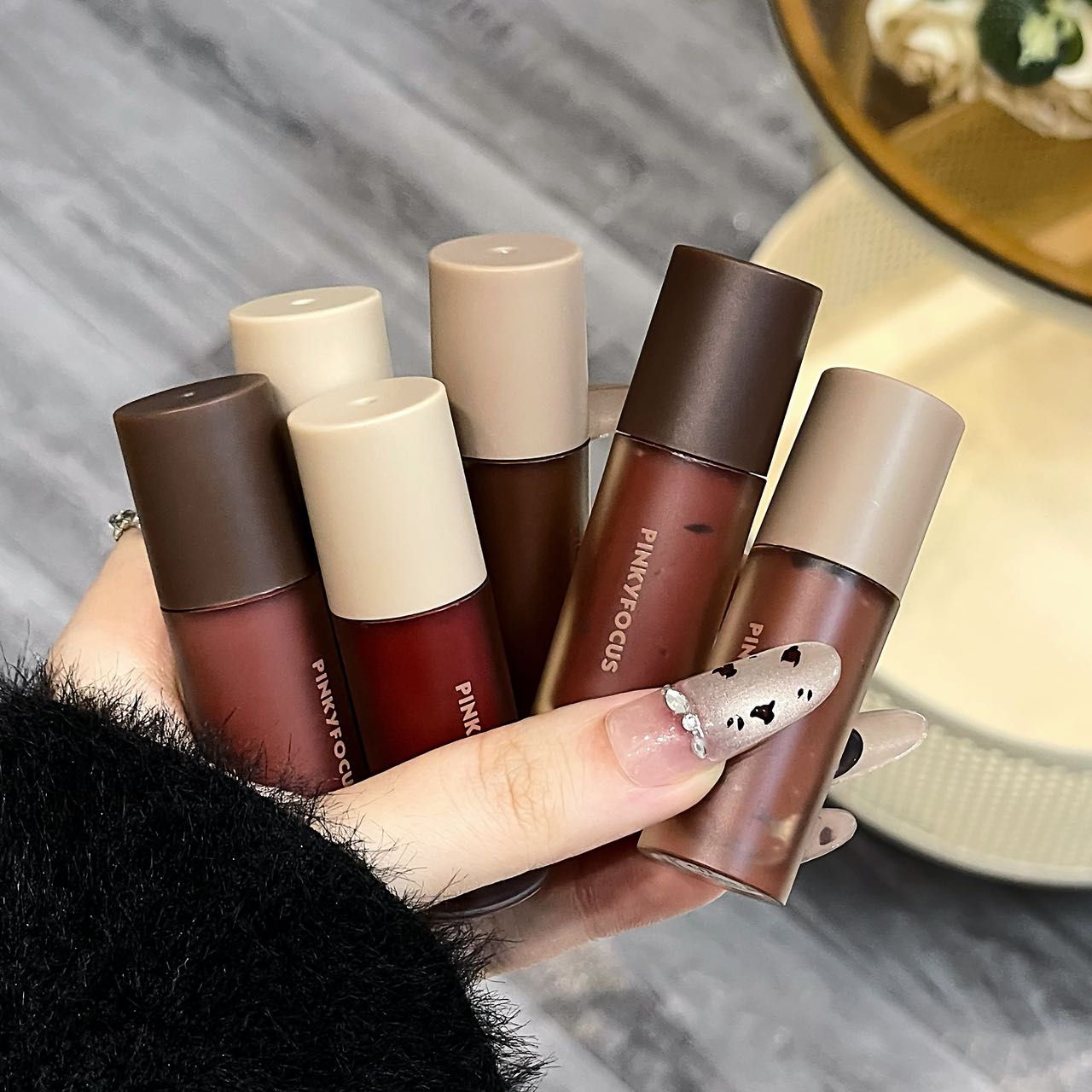Three-piece brown velvet matte lip gloss set