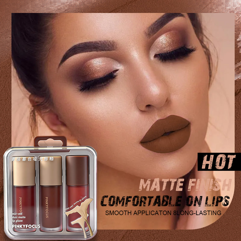 Three-piece brown velvet matte lip gloss set